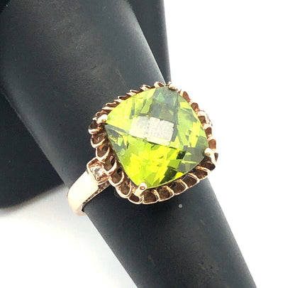 14K Yellow Gold Square Cushion Sparkling Chartreuse Green Cz Statement Dome Ring