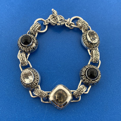 Designer Fusion Sterling Silver 925 Onyx Smoky Quartz Topaz 7" Toggle Bracelet