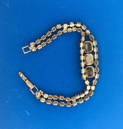 Vintage Silver Tone Rectangle Black Round White Rhinestone Runway Bracelet