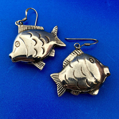 Retro Sterling Silver 925 Puffy Goldfish Blowfish Nemo Drop Dangle Earrings