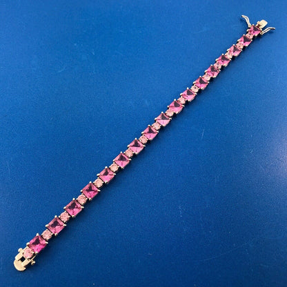 Sparkling FAS 925 Sterling Silver Pink Sapphire Round Pink CZ Tennis Bracelet