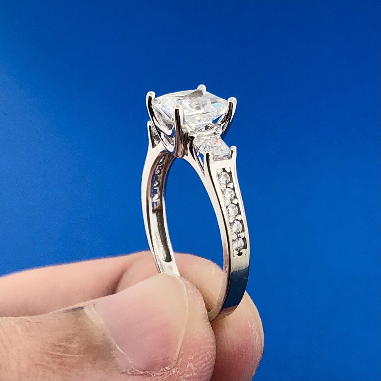 14k White Gold Princess Cut Cubic Zirconia cz Ring with Accents Size 5.75