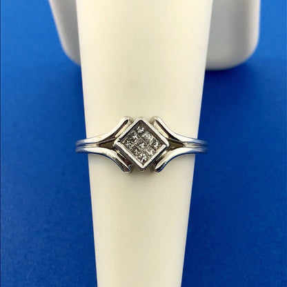 Modernist 14K White Gold Diamond Tension Set Princess Engagement Promise Ring