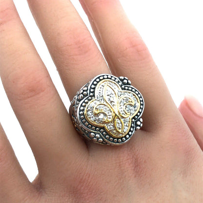 925 Sterling Silver Two Tone Cubic Zirconia Fleur De Lis Statement Ring
