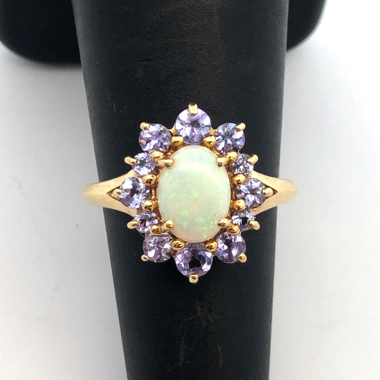 Designer 14K Yellow Gold Oval Opal Tanzanite Halo Statement Cocktail Ring