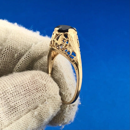 Mid Century 14K Yellow Gold Oval Blue Sapphire Solitaire Filigree Cocktail Ring
