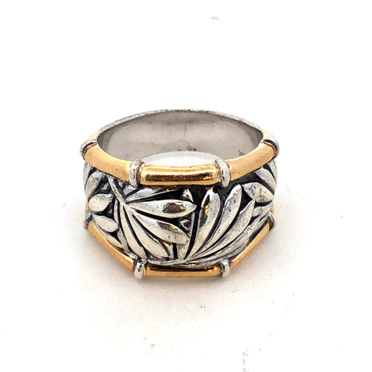 Designer P 925 Sterling Silver 22K Yellow Gold Palm Leaves Bamboo Wide Band Ring