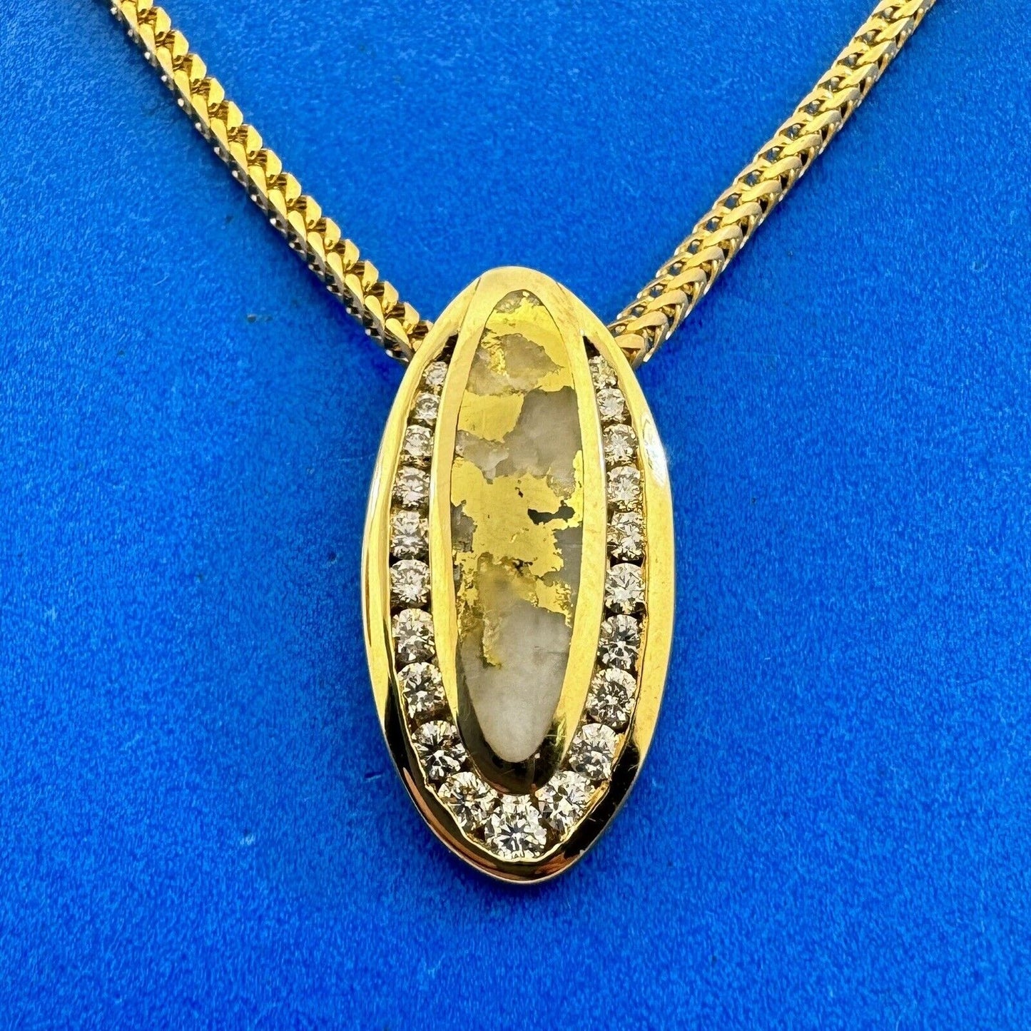 Designer 14K Yellow Gold Quartz w/Gold Vein Diamond Accent Oval Pendant Necklace