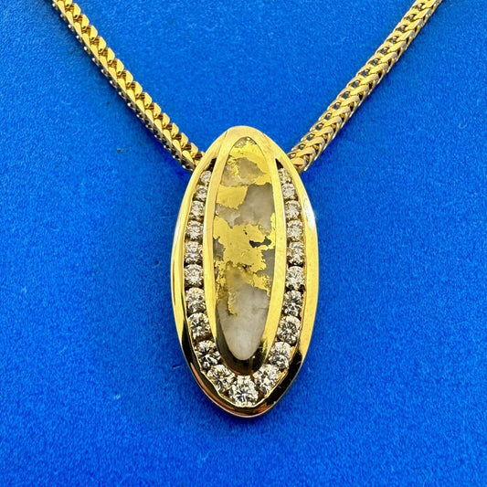 Designer 14K Yellow Gold Quartz w/Gold Vein Diamond Accent Oval Pendant Necklace