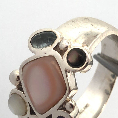 Designer LT 925 Sterling Silver Mother of Pearl Lapis Lazuli Cluster Band Ring