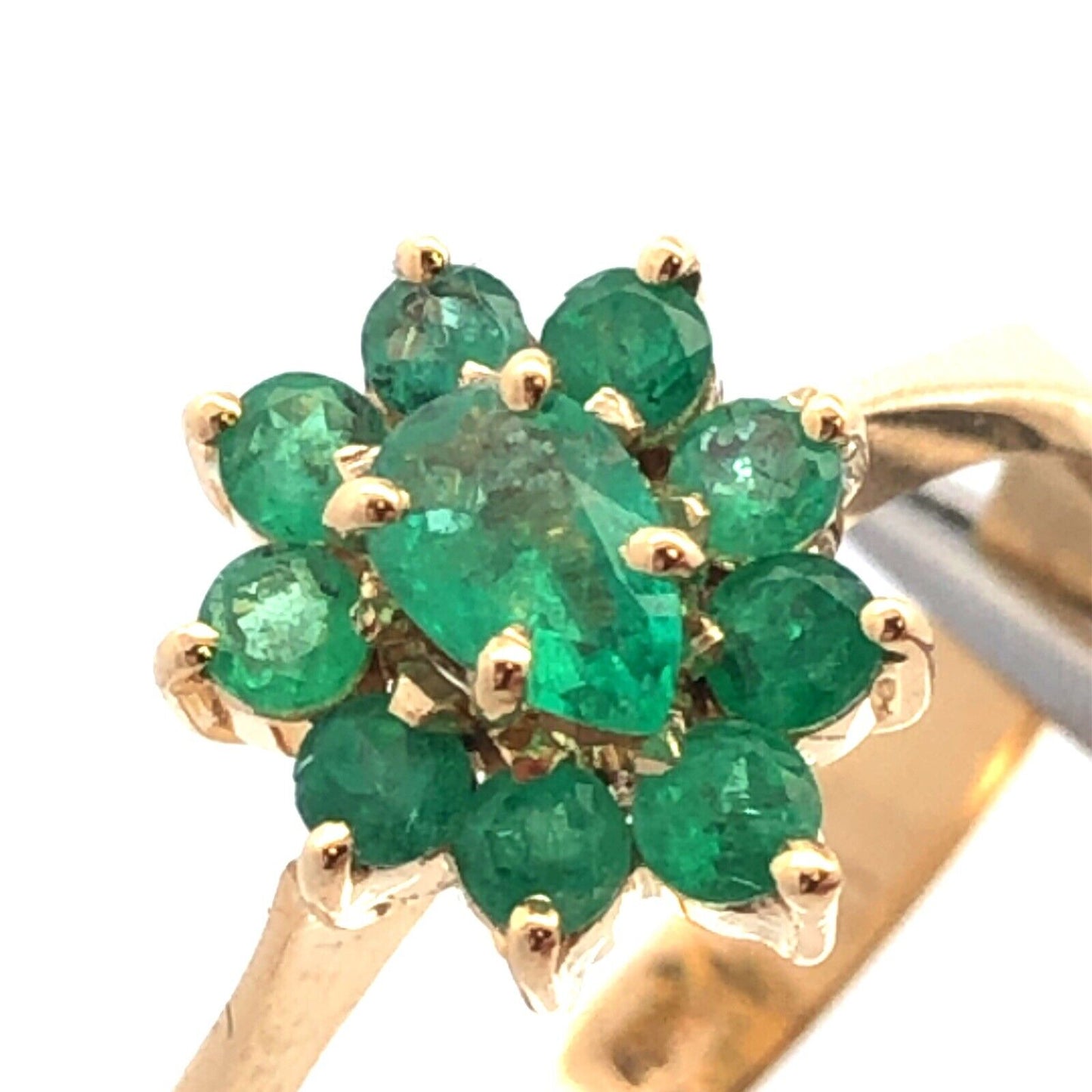 18K Yellow Gold Estate Emerald Floral Cluster May Anniversary Cocktail Ring