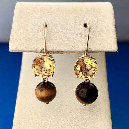 Vintage 14K Yellow Gold Citrine Solitaire Tigers Eye Ball Drop Dangle Earrings