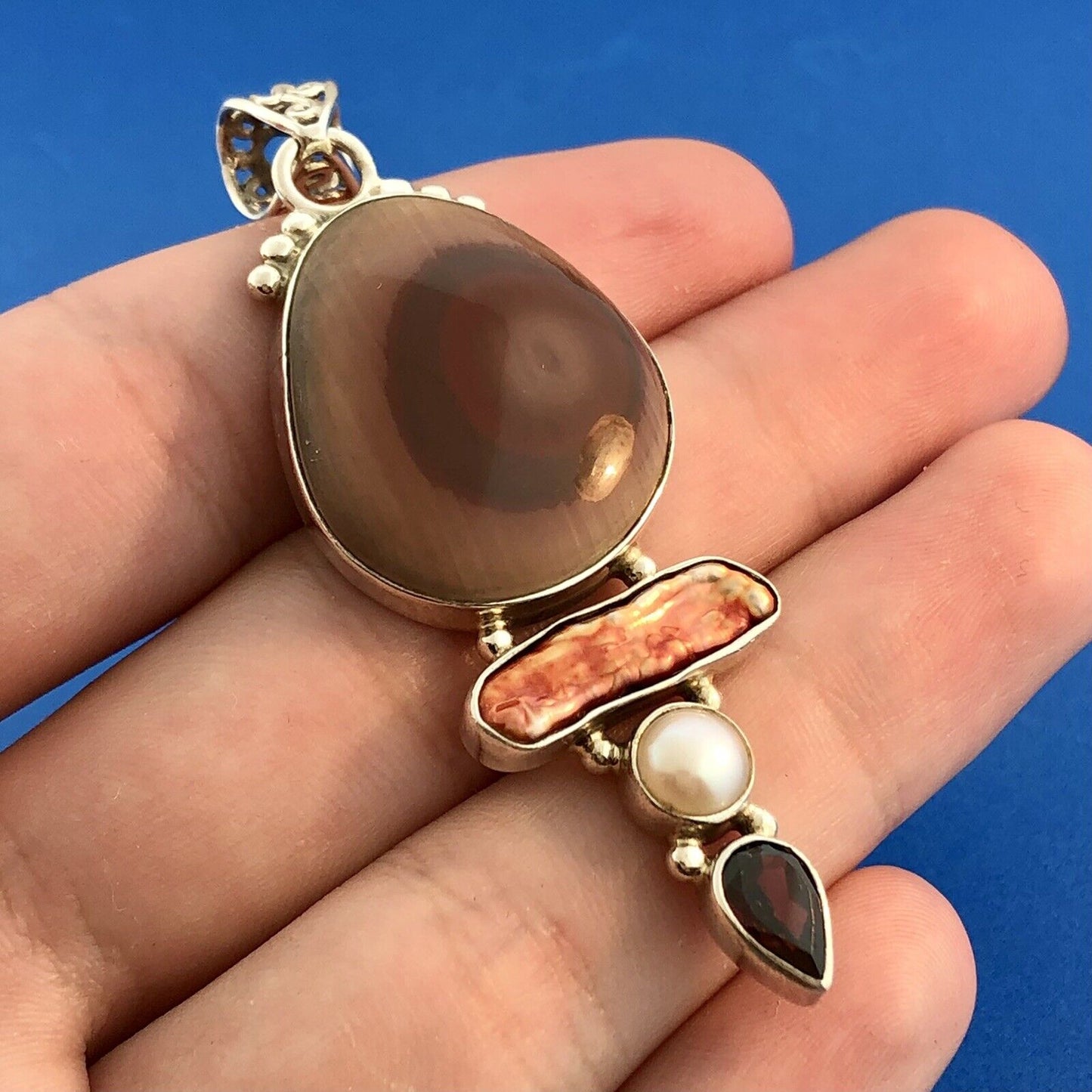 Sterling Silver 925 Carnelian Jasper MOP Garnet Pearl Statement Pendant