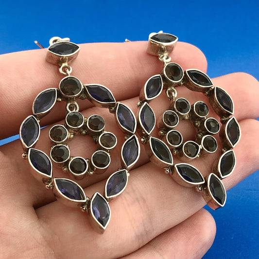 Estate 925 Sterling Silver Iolite Smoky Quartz Statement Drop Dangle Earrings