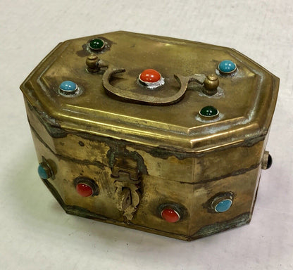 Vintage India Artisan Brass Jeweled Handled Lockable Latched Trinket Jewelry Box