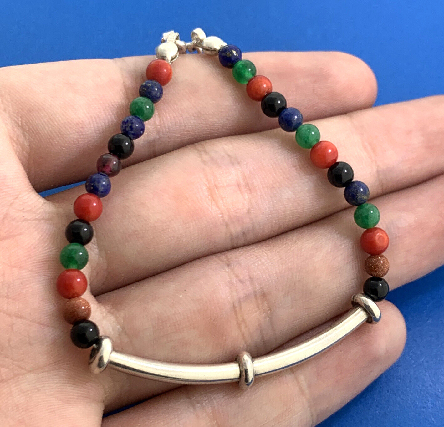 Estate Mixed Stone Colorful Beaded 950 Fine Silver Bracelet