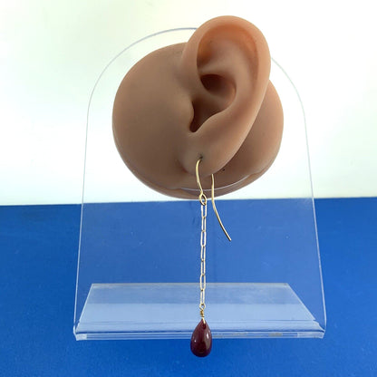 Modernist 14K Yellow Gold Ruby Teardrop Paper Clip Chain Dangle Earrings