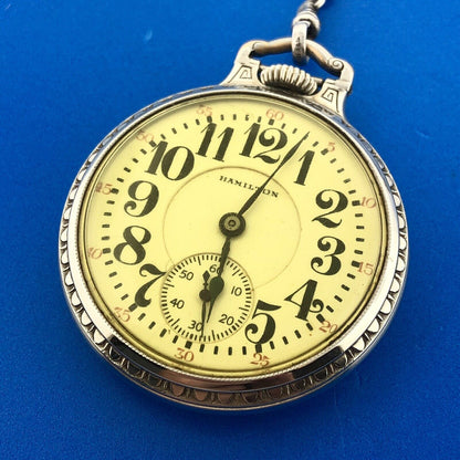 1928 Hamilton 14K White Gold-Filled Railroad Grade Open Face Pocket Watch w/Fob