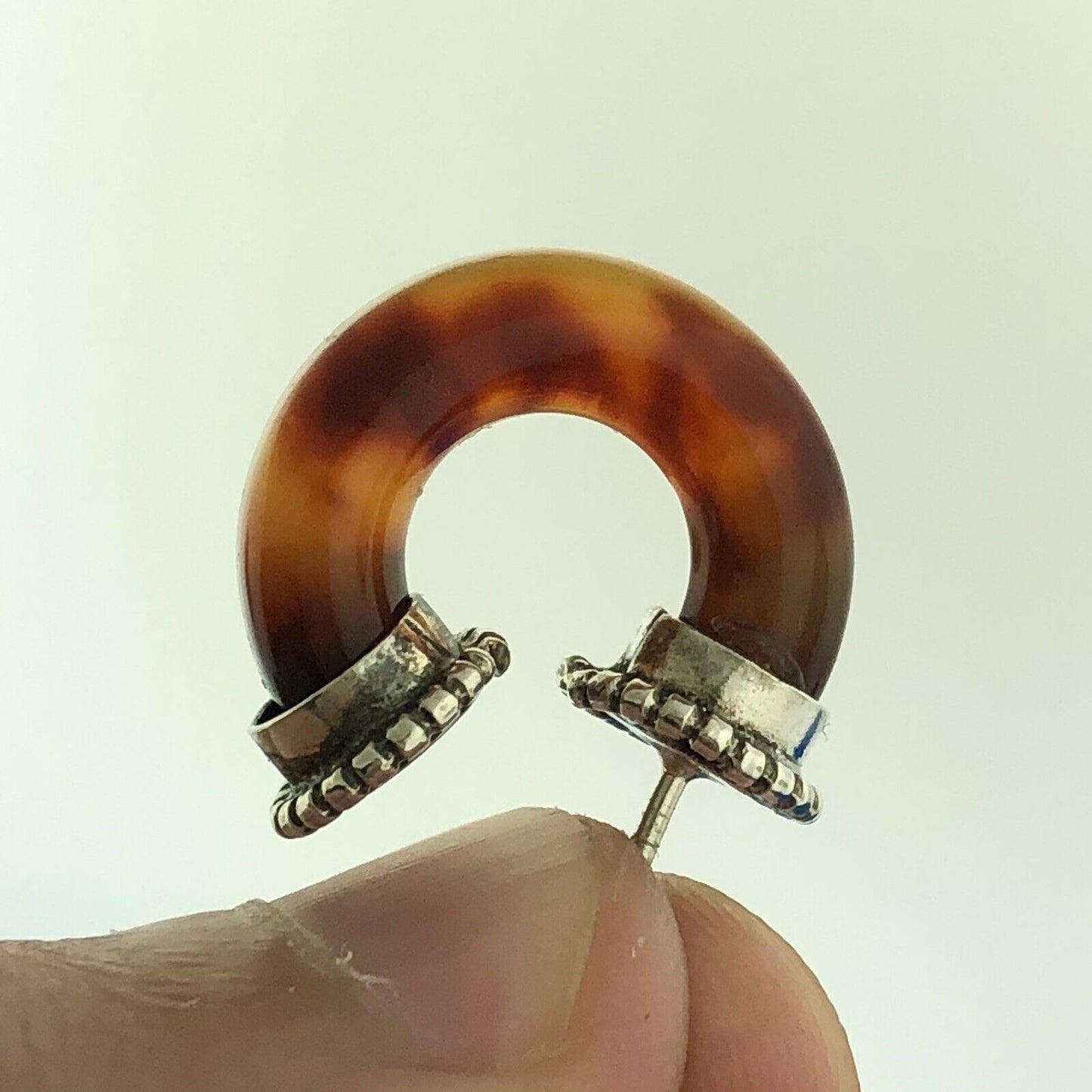 Vintage 925 Sterling Silver Amber Tube Half Hoop Stud Earrings
