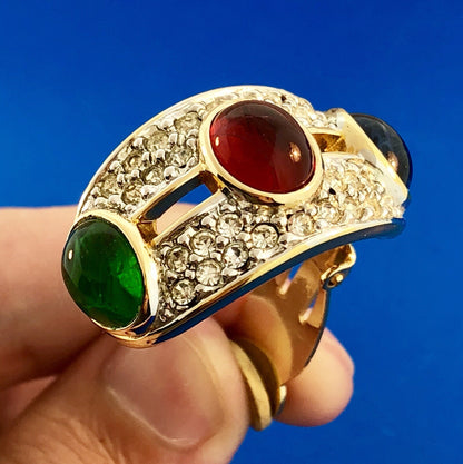 Vintage Runway Gold Tone Red Blue Green Glass Cabochon Rhinestone Clip Earrings