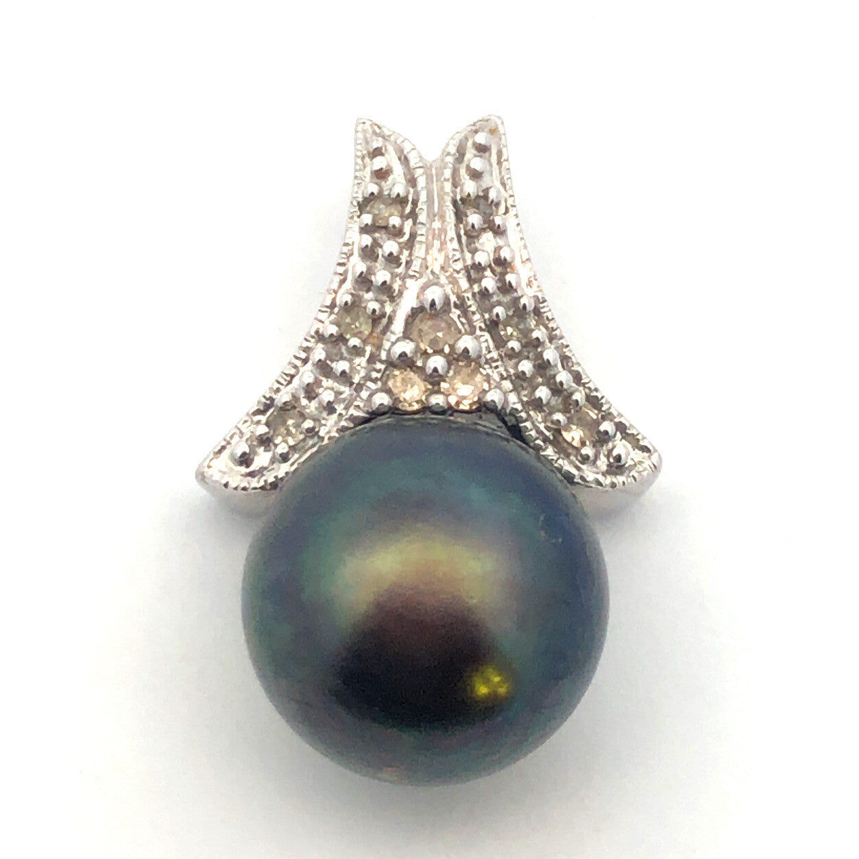 Retro 10K White Gold Black Tahitian Pearl Diamond Slide Charm Pendant