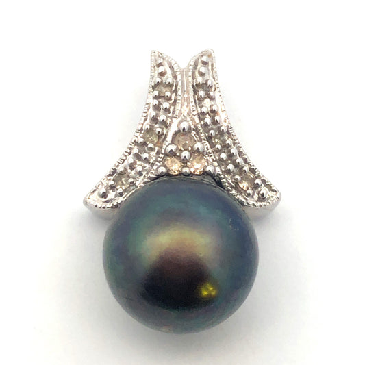 Retro 10K White Gold Black Tahitian Pearl Diamond Slide Charm Pendant