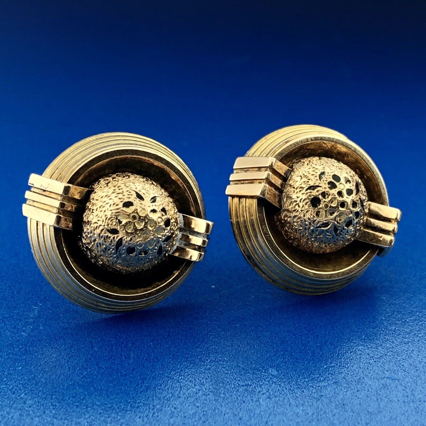 Art Deco Art Nouveau 14K Yellow Gold Black Enamel Modernist Linear Ball Earrings