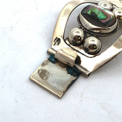 Vintage Taxco 925 Sterling Silver Oval Abalone Cabochon Statement Panel Bracelet