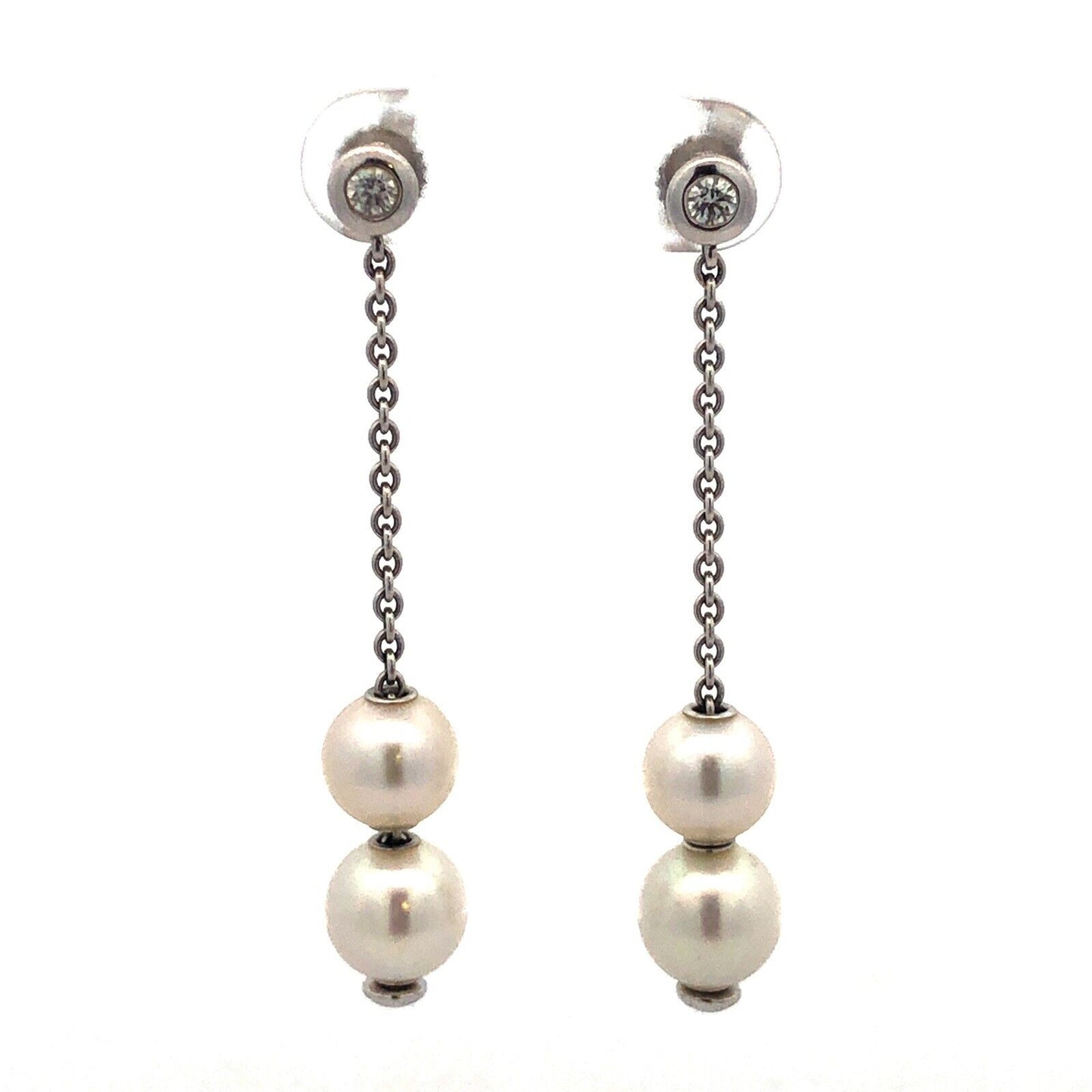 Mikimoto 18K White Gold Diamond Pearls In Motion Drop Dangle Stud Earrings