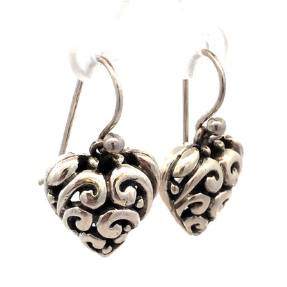 Vintage 925 Sterling Silver Scroll Swirl Puffy Heart Hook Dangle Earrings