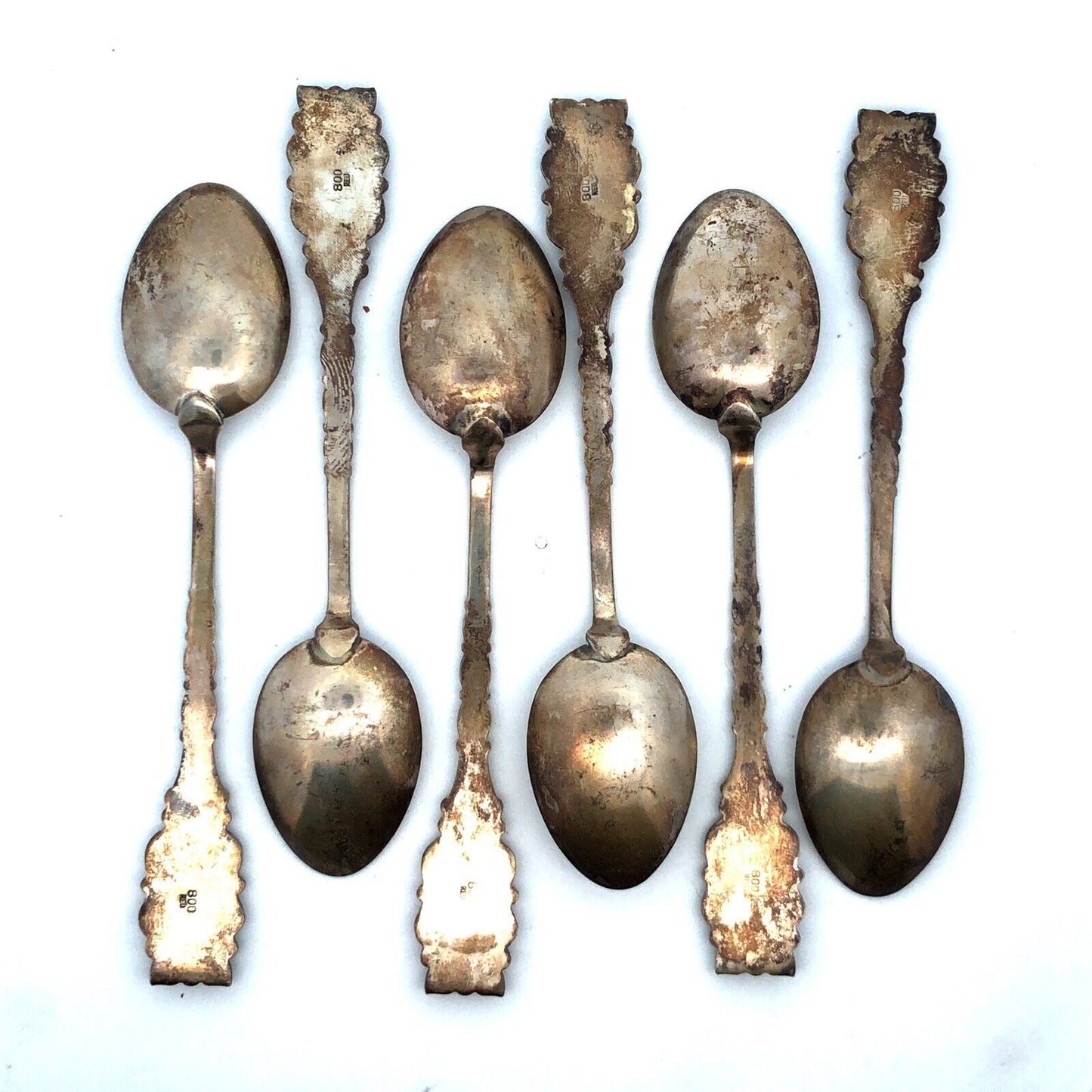 Antique 800 Silver Enamel German City Souvenir 6 Demitasse Spoons Original Box