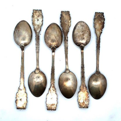 Antique 800 Silver Enamel German City Souvenir 6 Demitasse Spoons Original Box