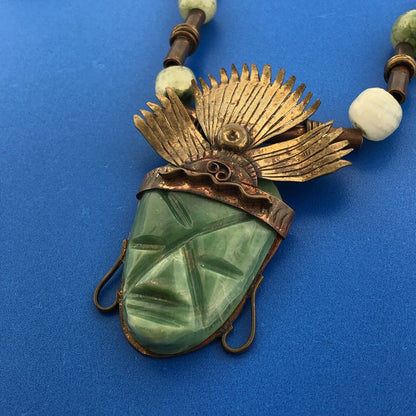 Casa Maya Mexico Brass Copper Jade South American Aztec Head 26" Tribal Necklace