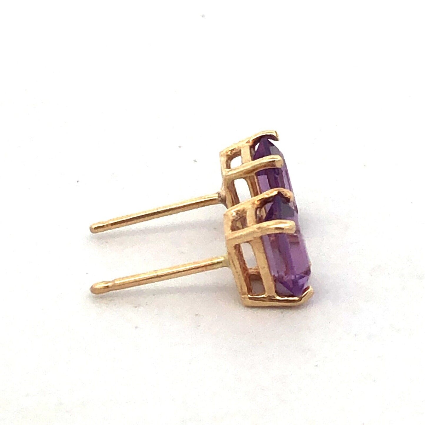 14K Yellow Gold Emerald Cut Purple Amethyst Solitaire Stud Earrings