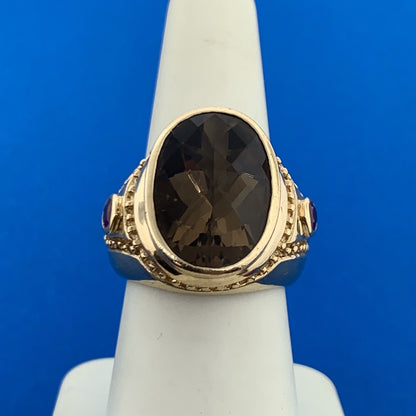 14K Yellow Gold Oval Cushion Cut Smoky Quartz Ruby Accented Statement Ring