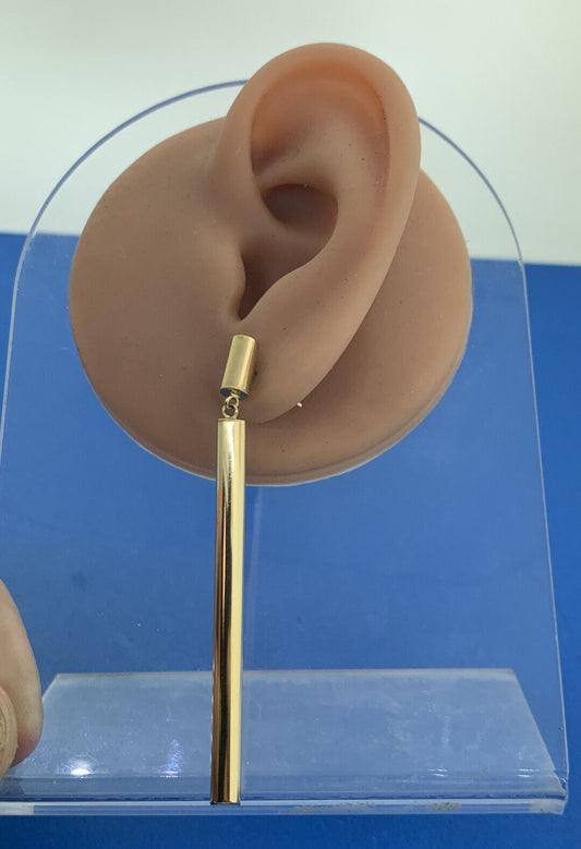 Designer 14K Yellow Gold Polished Tubular Modernist Drop Dangle Stud Earrings