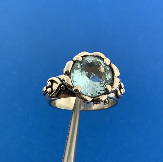 Designer 925 Sterling Silver Round Blue Topaz Heart Scroll Bead Work Ring