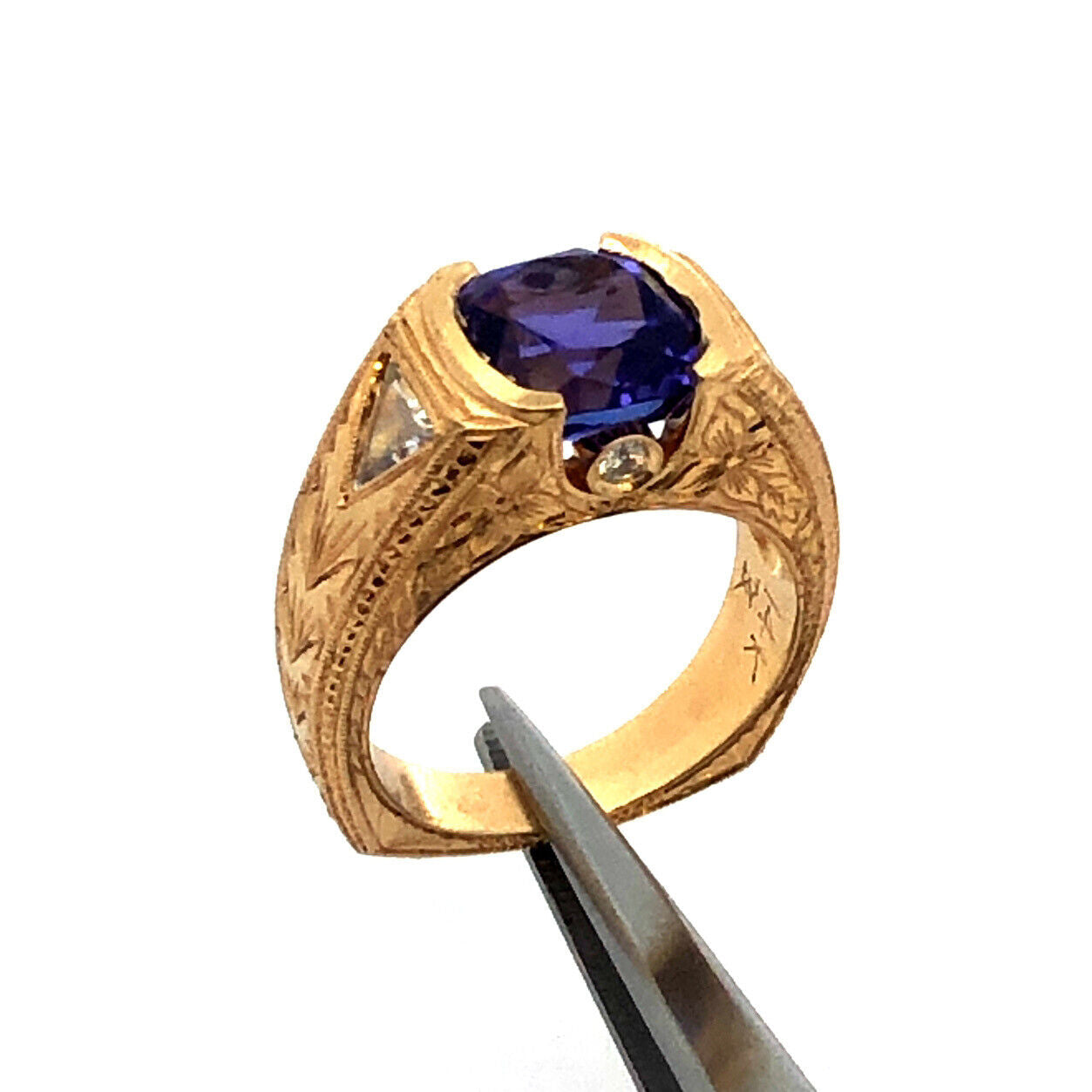 Designer 14K Yellow Gold Round Amethyst Diamond Floral Vintage Filigree Ring