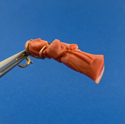 Gorgeous 14k Yellow Gold Carved Coral Chinese Eastern Wise Man Dangle Pendant