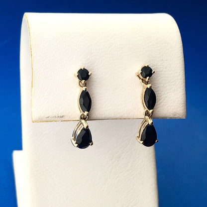 Estate 14K Yellow Gold Blue Sapphire November Anniversary Drop Dangle Earrings