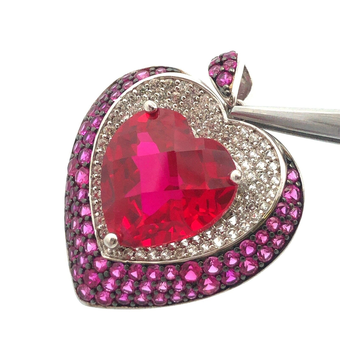 Designer PAM 925 Sterling Silver Red Pink Spinel Diamond Heart Statement Pendant