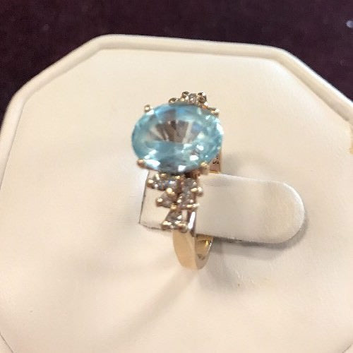 Vintage 10K Yellow Gold Blue Topaz Waterfall Diamond Engagement Anniversary Ring