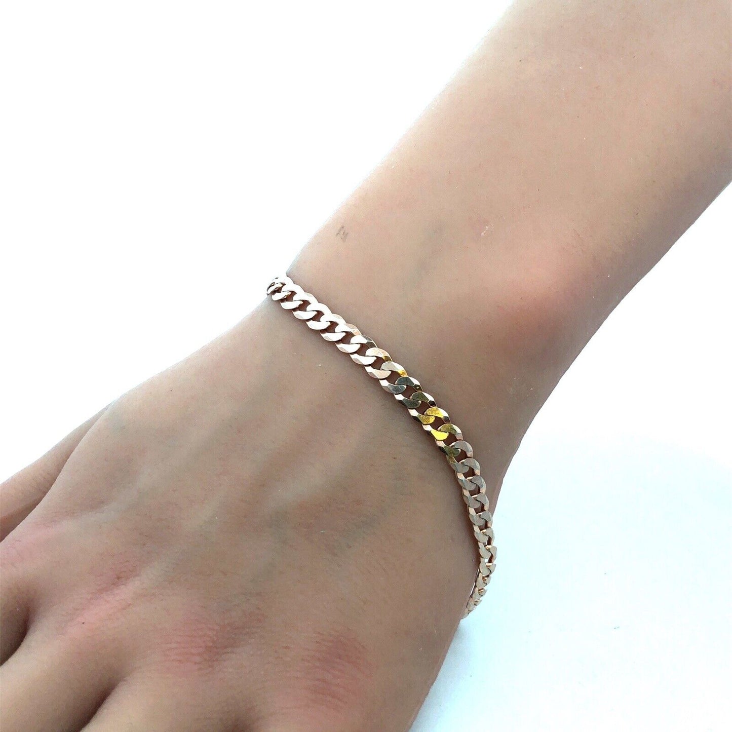 Italy 925 Sterling Silver Rose Gold Tone Curb Cuban Link Chain Bracelet