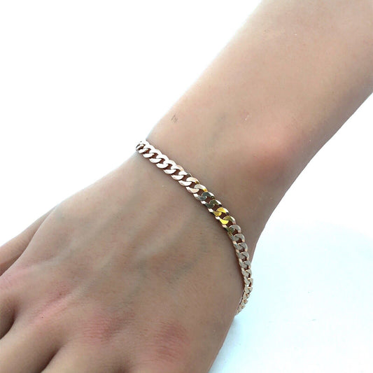Italy 925 Sterling Silver Rose Gold Tone Curb Cuban Link Chain Bracelet