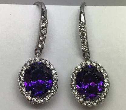 Designer Sterling Silver 925 Purple White Cubic Zirconia CZ Drop Dangle Earrings