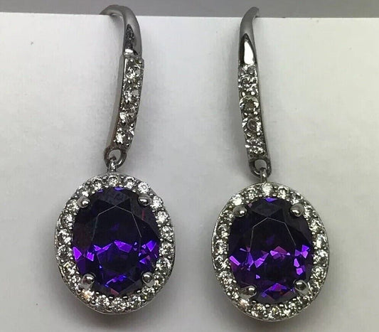 Designer Sterling Silver 925 Purple White Cubic Zirconia CZ Drop Dangle Earrings