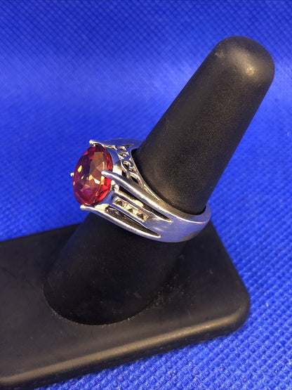 Designer BBJ 925 Sterling Silver Ruby Solitaire White Topaz Accent Cocktail Ring