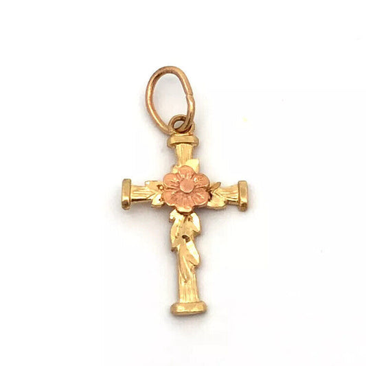 Designer 14K Yellow Gold Rose Gold Flower Leaf Floral Religious Cross Pendant