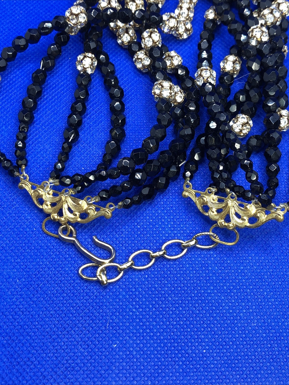 Runway Couture Faceted Jet Bead Rhinestone Layered Statement Collar Necklace