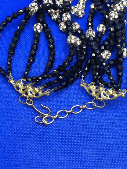 Runway Couture Faceted Jet Bead Rhinestone Layered Statement Collar Necklace